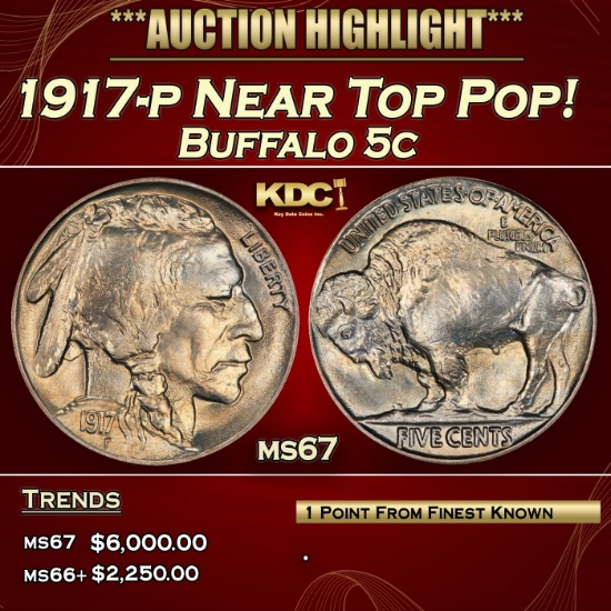 1917-p Buffalo Nickel Near Top Pop! 5c ms67 SEGS