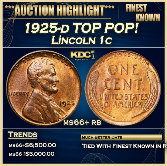 1925-d Lincoln Cent TOP POP! 1c ms66+ rb SEGS