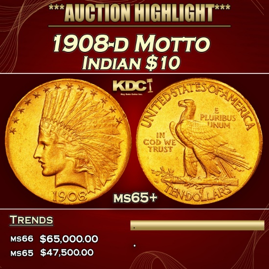 1908-d Motto Gold Indian Eagle $10 ms65+ SEGS