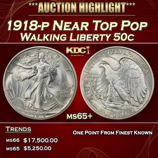 1918-p Walking Liberty Half Dollar Near Top Pop 50c ms65+ SEGS