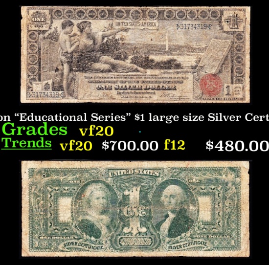 1896 $1 large size Silver Certificate Martha & George Washington "Educational Series" Grades vf, ver