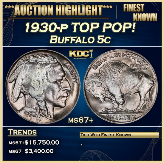 1930-p Buffalo Nickel TOP POP! 5c ms67+ SEGS