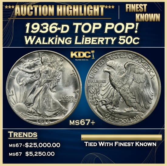 1936-d Walking Liberty Half Dollar TOP POP! 50c ms67+ SEGS