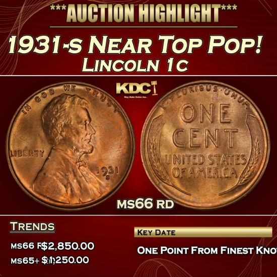 1931-s Lincoln Cent Near Top Pop! 1c ms66 rd SEGS