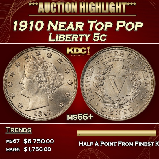 1910 Liberty Nickel Near Top Pop 5c ms66+ SEGS