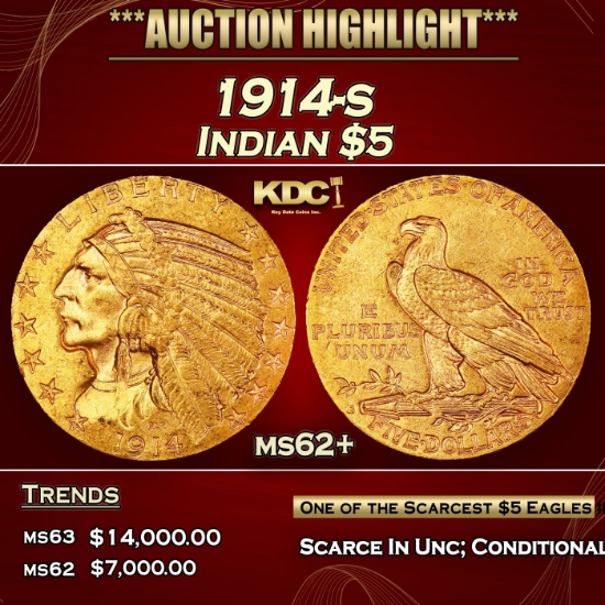 1914-s Gold Indian Half Eagle $5 ms62+ USCG