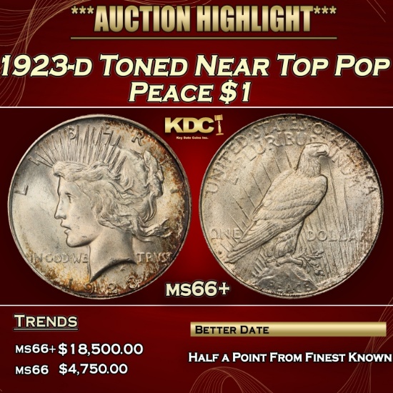 1923-d Peace Dollar Toned Near Top Pop $1 ms66+ SEGS