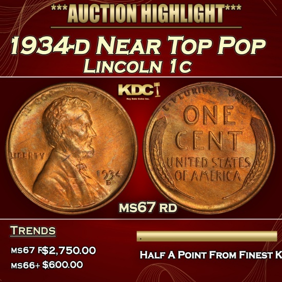 1934-d Lincoln Cent Near Top Pop 1c ms67 rd SEGS