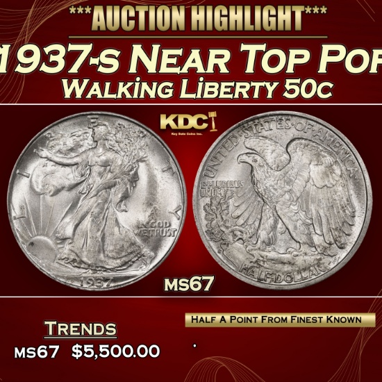 1937-s Walking Liberty Half Dollar Near Top Pop 50c ms67 SEGS