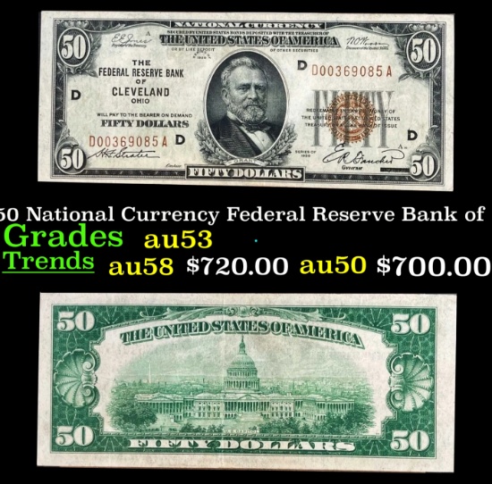 1929 $50 National Currency Federal Reserve Bank of Clevelad Grades Select AU