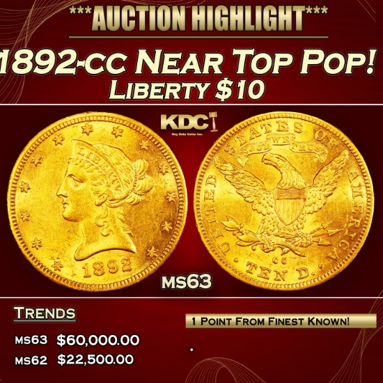 1892-cc Gold Liberty Eagle Near Top Pop! $10 ms63 USCG