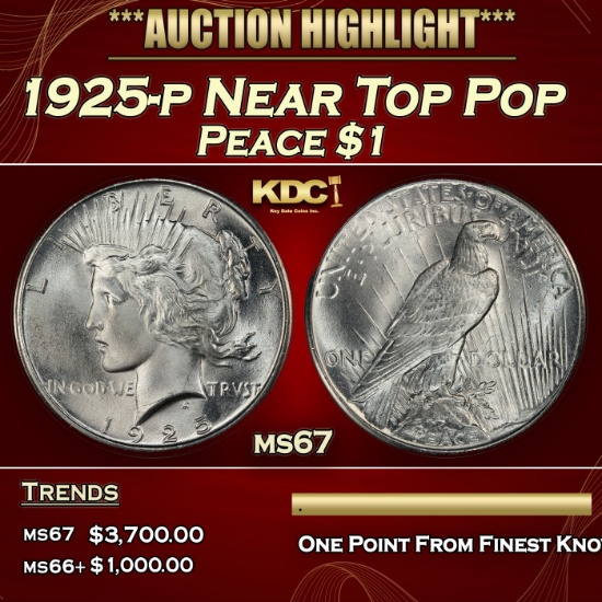 1925-p Peace Dollar Near Top Pop $1 ms67 SEGS