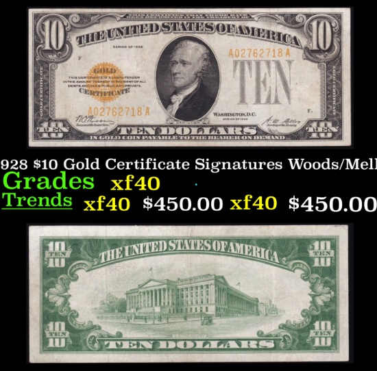 1928 $10 Gold Certificate Signatures Woods/Mellon Grades xf