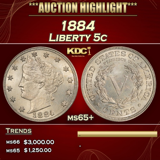 1884 Liberty Nickel 5c ms65+ SEGS
