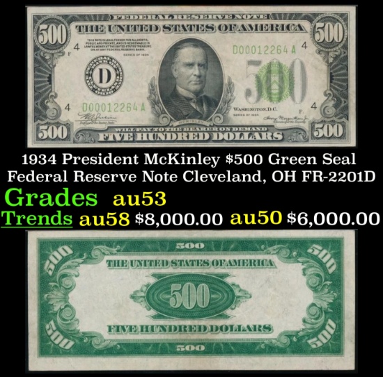 1934 $500 Green Seal Federal Reserve Note President McKinley Cleveland, OH Grades Select AU FR-2201D