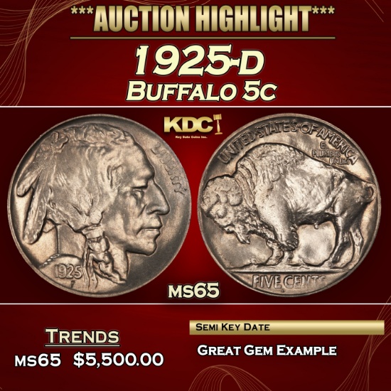 1925-d Buffalo Nickel 5c ms65 SEGS