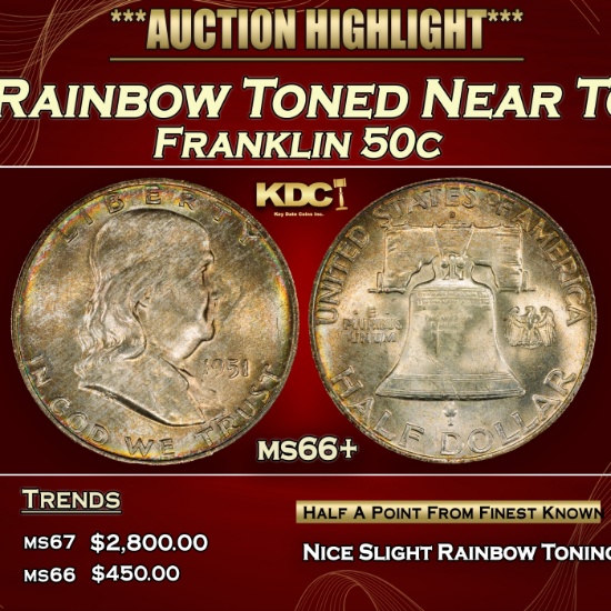 1951-d Franklin Half Dollar Rainbow Toned Near Top Pop 50c ms66+ SEGS