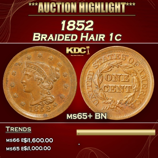 1852 Braided Hair Large Cent 1c ms65+ BN SEGS
