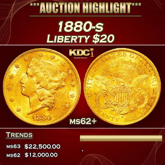 1880-s Gold Liberty Double Eagle $20 ms62+ USCG