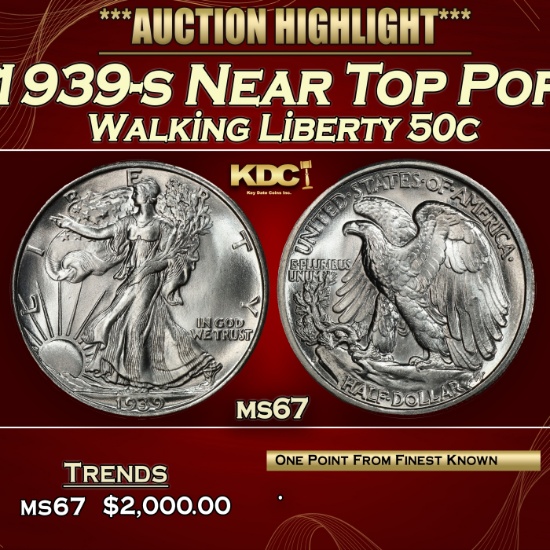 1939-s Walking Liberty Half Dollar Near Top Pop 50c ms67 SEGS
