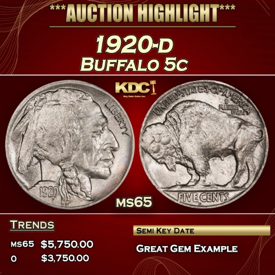 1920-d Buffalo Nickel 5c ms65 SEGS
