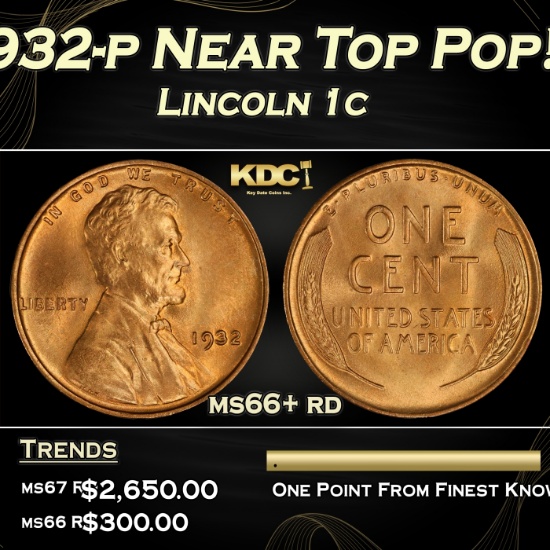 1932-p Lincoln Cent Near Top Pop! 1c ms66+ rd SEGS
