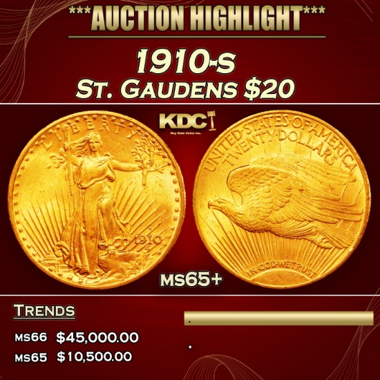 1910-s Gold St. Gaudens Double Eagle $20 ms65+ SEGS