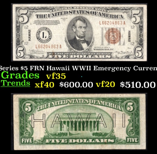 1934A $5 FRN Hawaii WWII Emergency Currency Key To Series Key To Series Grades vf++