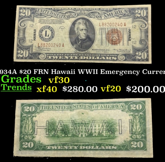 1934A $20 FRN Hawaii WWII Emergency Currency Grades vf++