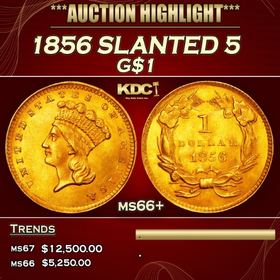 1856 SLANTED 5 Gold Dollar $1 ms66+ SEGS