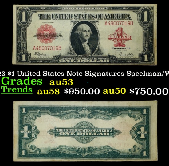 1923 $1 United States Note Grades Select AU Signatures Speelman/White