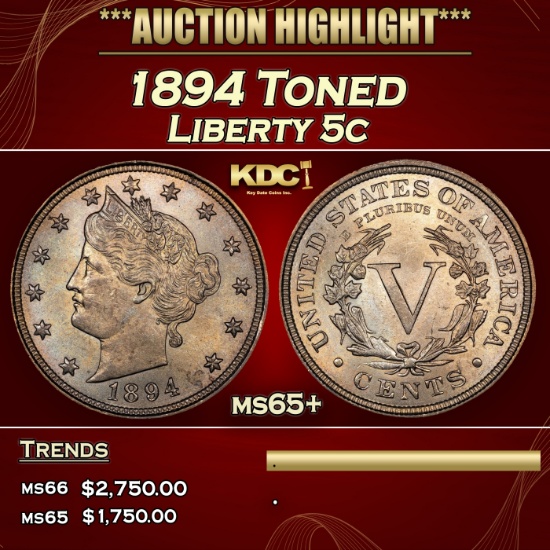 1894 Liberty Nickel Toned 5c ms65+ SEGS