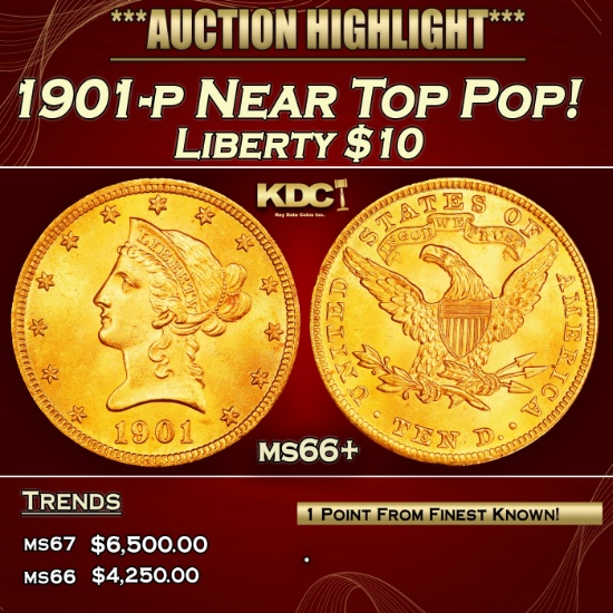 1901-p Gold Liberty Eagle Near Top Pop! $10 ms66+ SEGS