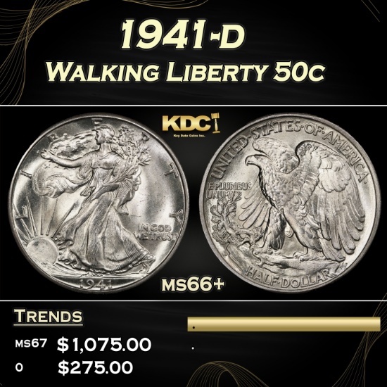 1941-d Walking Liberty Half Dollar 50c ms66+ SEGS
