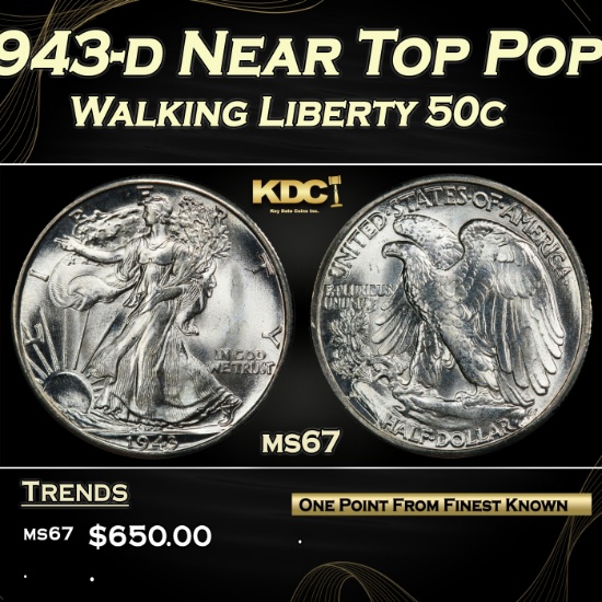 1943-d Walking Liberty Half Dollar Near Top Pop 50c ms67 SEGS