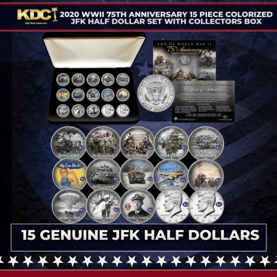 2020 WWII 75th Anniversary 15 Piece Colorized JFK Half Dollar Set with Collectors Box Other Toy