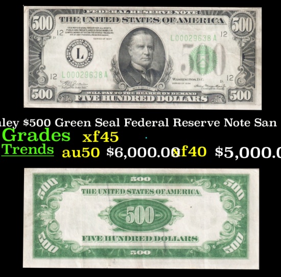 1934 $500 Green Seal Federal Reserve Note President McKinley San Francisco, CA Grades xf+ FR-2201L