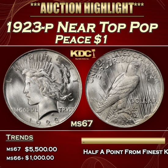 1923-p Peace Dollar Near Top Pop $1 ms67 SEGS