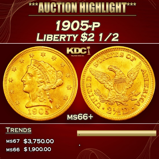 1905-p Gold Liberty Quarter Eagle $2 1/2 ms66+ SEGS