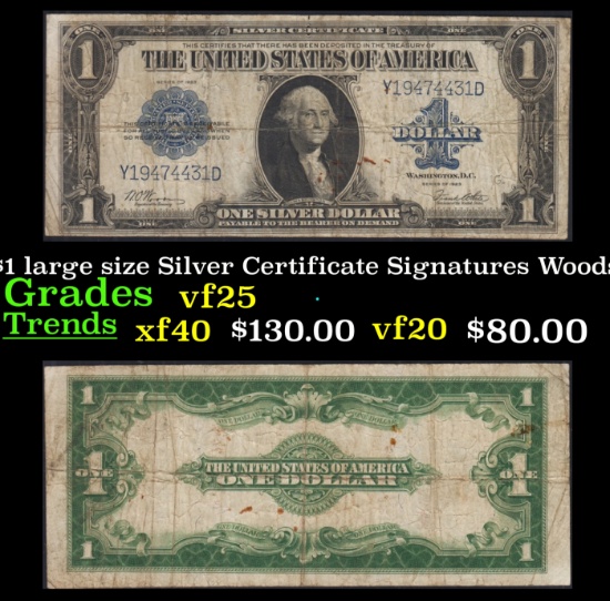 1923 $1 large size Silver Certificate Grades vf+ Signatures Woods/White