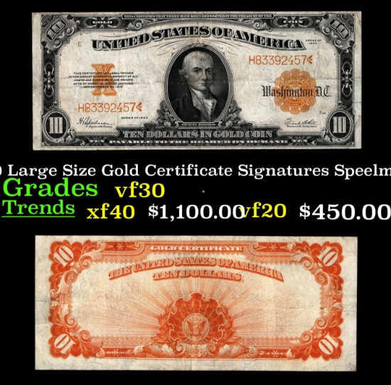 1922 $10 Large Size Gold Certificate Grades vf++ Signatures Speelman/White