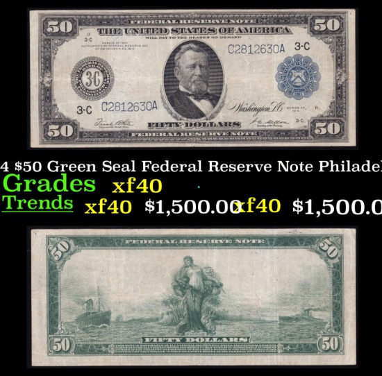 1914 $50 Green Seal Federal Reserve Note Grades xf Philadelphia