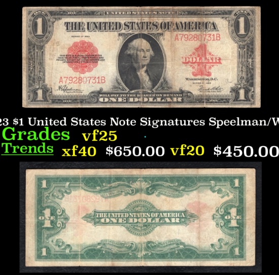 1923 $1 United States Note Grades vf+ Signatures Speelman/White