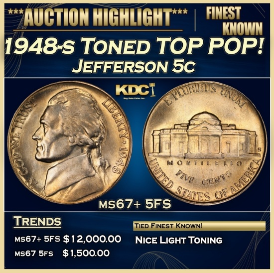 1948-s Jefferson Nickel Toned TOP POP! 5c ms67+ 5FS SEGS