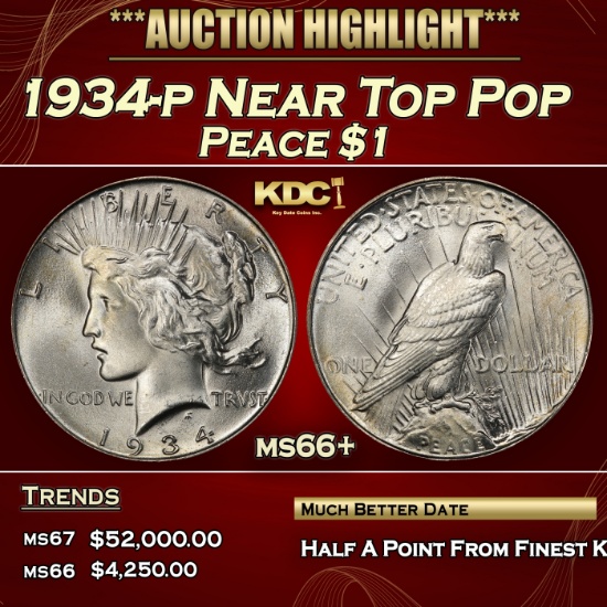 1934-p Peace Dollar Near Top Pop $1 ms66+ SEGS