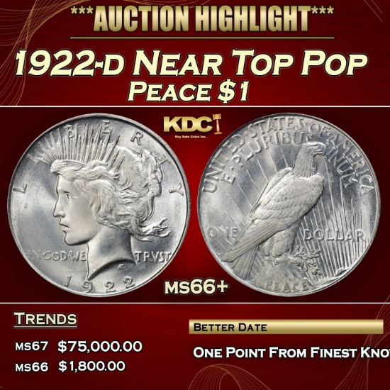 1922-d Peace Dollar Near Top Pop $1 ms66+ SEGS