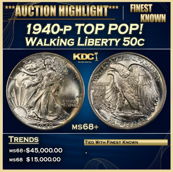 1940-p Walking Liberty Half Dollar TOP POP! 50c ms68+ SEGS