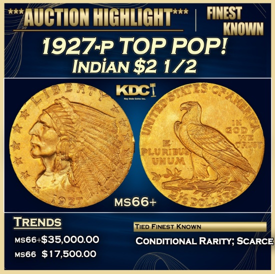 1927-p Gold Indian Quarter Eagle TOP POP! $2 1/2 ms66+ USCG