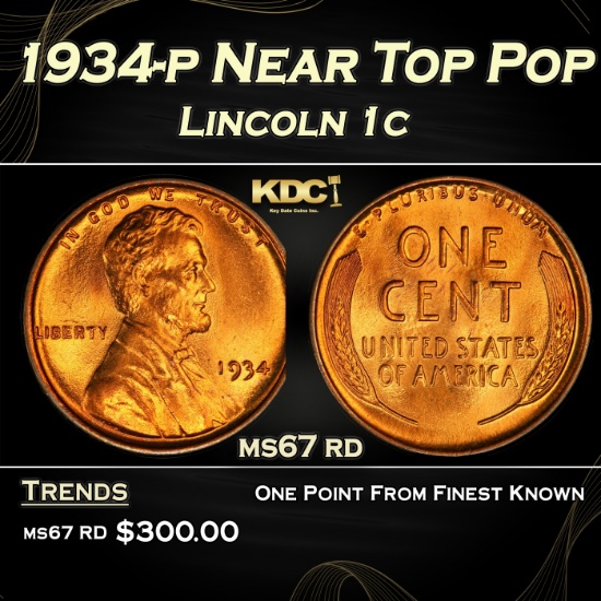 1934-p Lincoln Cent Near Top Pop 1c ms67 rd SEGS