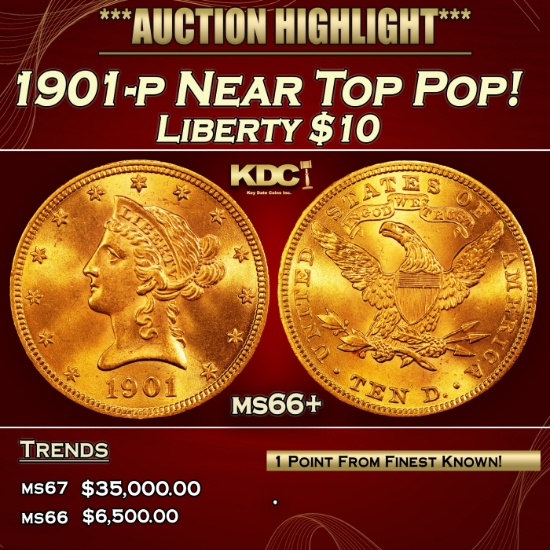 1901-p Gold Liberty Eagle Near Top Pop! $10 ms66+ SEGS